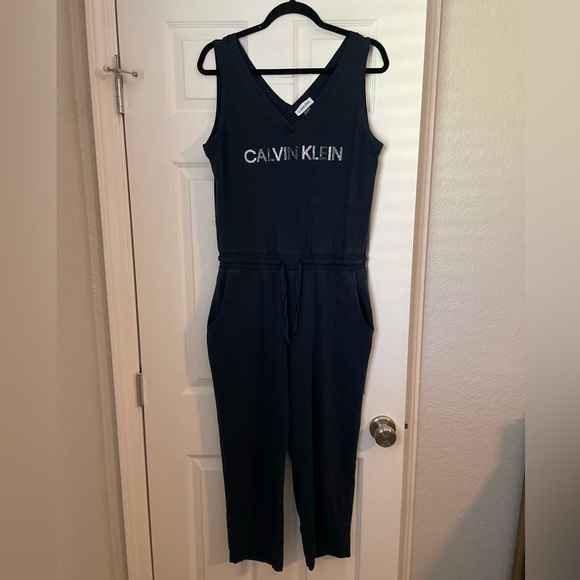 Calvin Klein Rhinestone Logo Navy V-Neck Jumpsuit - Picture 3 of 4